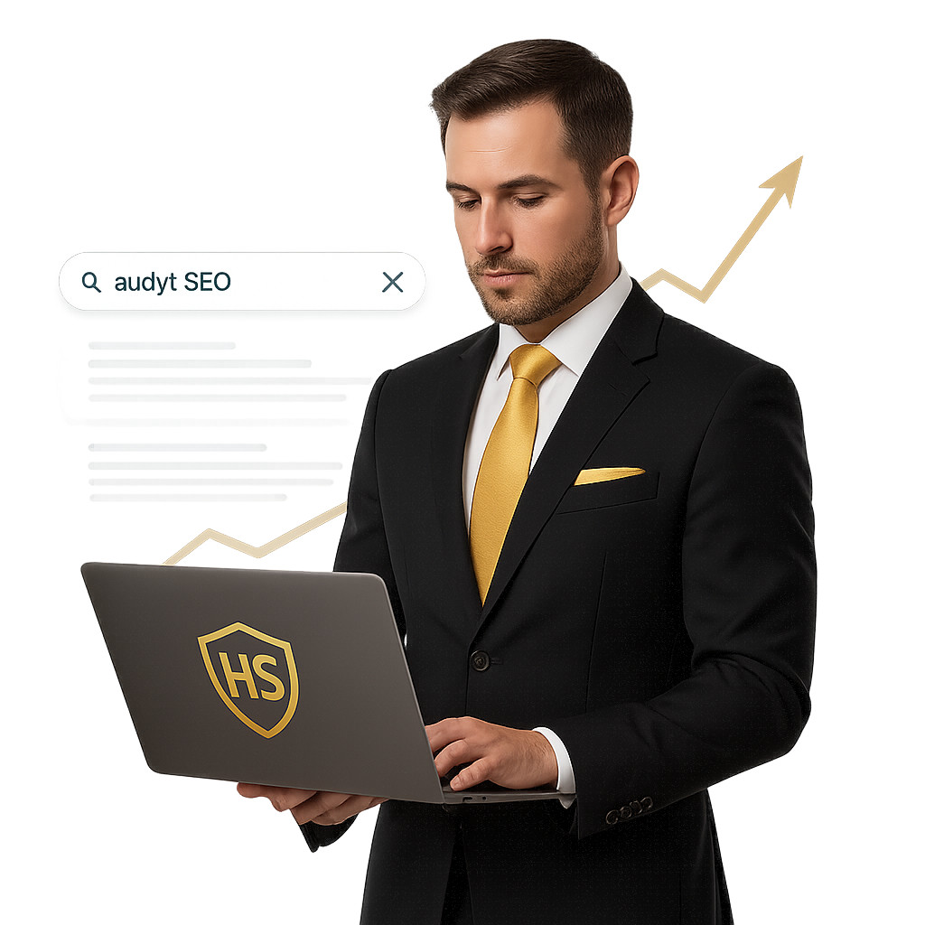 Specjalista SEO z laptopem HeroSEO prezentuje audyt SEO i symbol wzrostu w wyszukiwarce