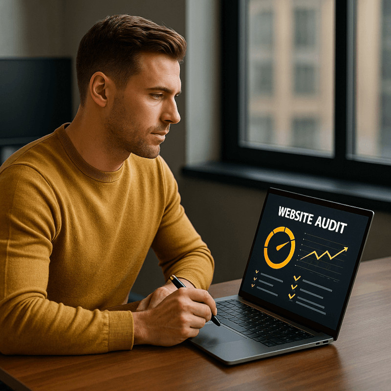 Proces audytu SEO prowadzony przez specjalistę HeroSEO przy biurku z laptopem