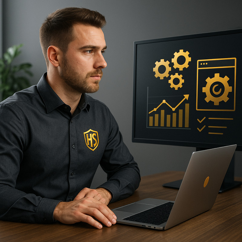 Specjalista HeroSEO przy laptopie wykonuje optymalizację strony i wdraża działania SEO w Google