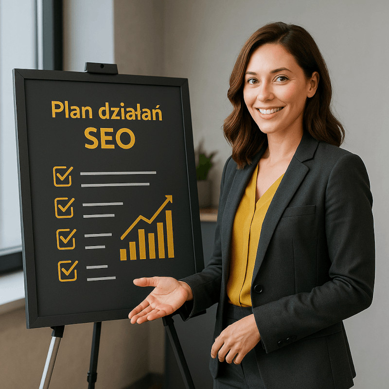 Specjalistka HeroSEO prezentuje plan działania SEO i strategię optymalizacji przy tablicy