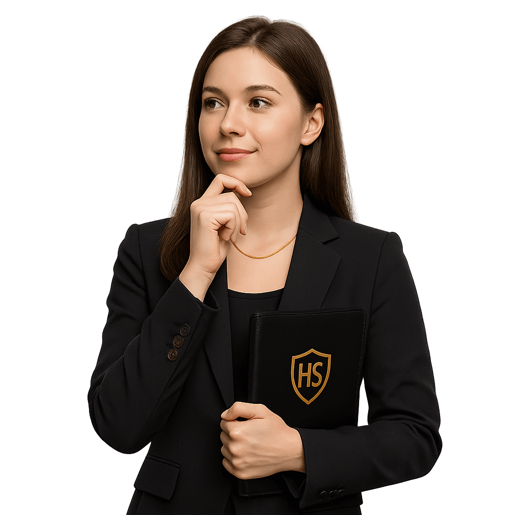 Specjalistka SEO z HeroSEO w stroju biznesowym trzymająca teczkę z logo HS