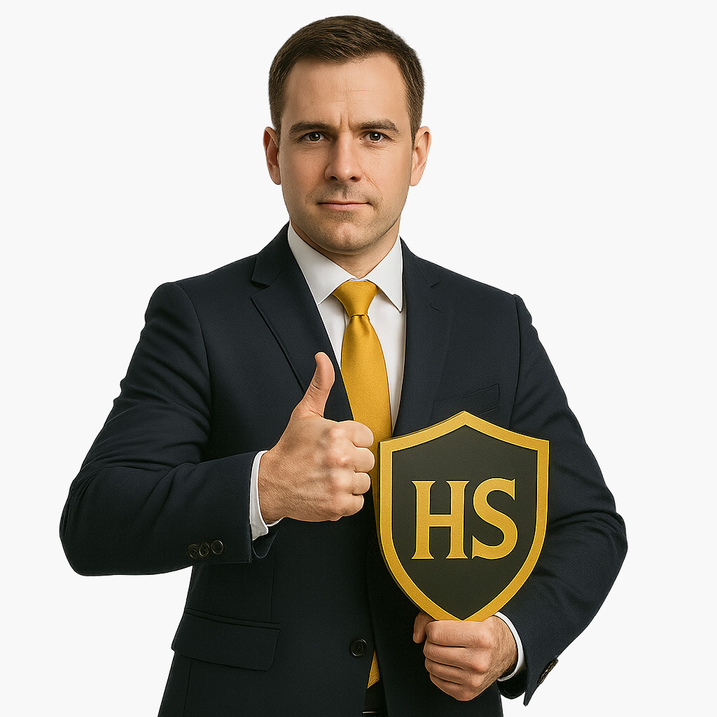 Mężczyzna w garniturze z tarczą HeroSEO symbolizującą bezpieczeństwo i jakość SEO