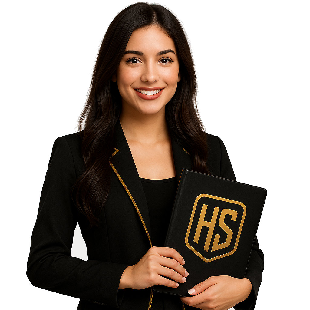 Pracownik HeroSEO, uśmiechnięta dziewczyna z teczką z logiem HeroSEO.