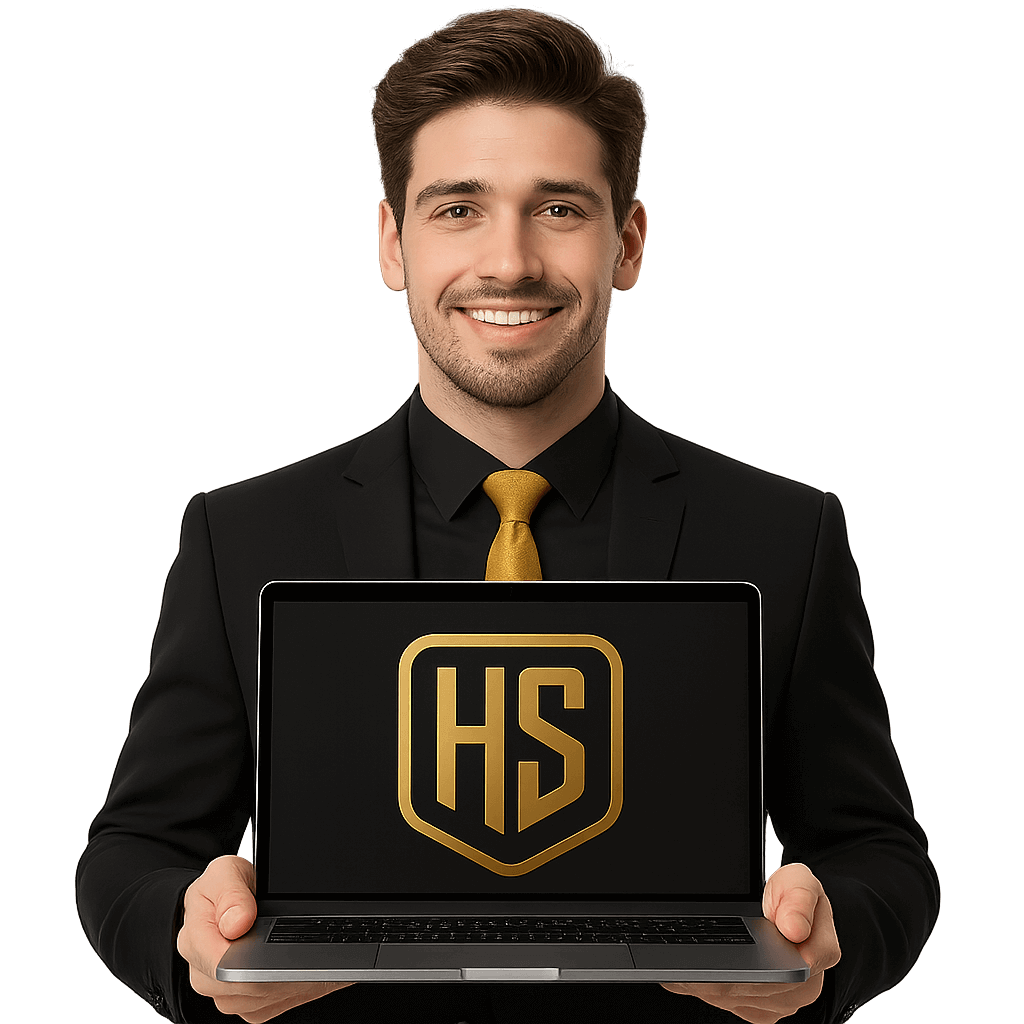 Pracownik HeroSEO z laptopem i logiem HeroSEO.