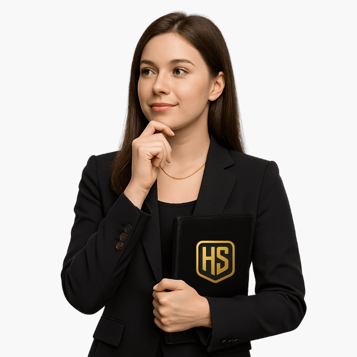 Specjalistka SEO z HeroSEO w stroju biznesowym trzymająca teczkę z logo HS