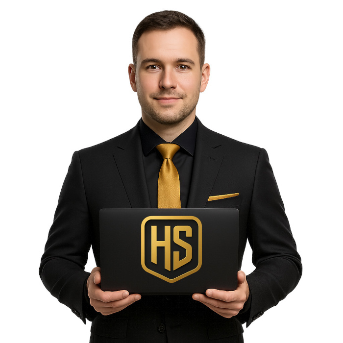 Specjalista SEO w garniturze prezentuje laptop z logo HeroSEO w barwach złoto-czarnych