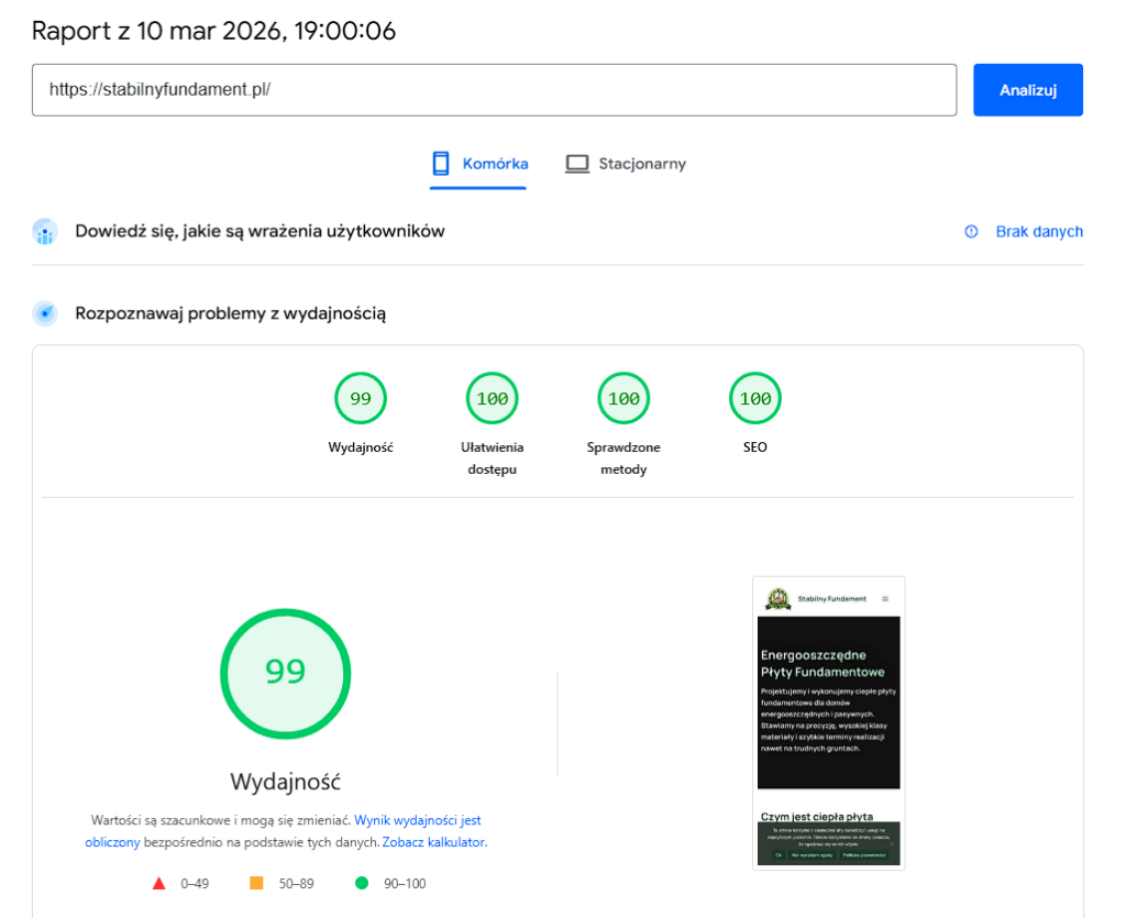 Wynik szybkości strony na mobile na PageSpeed Insights mojego klienta Stabilny Fundament